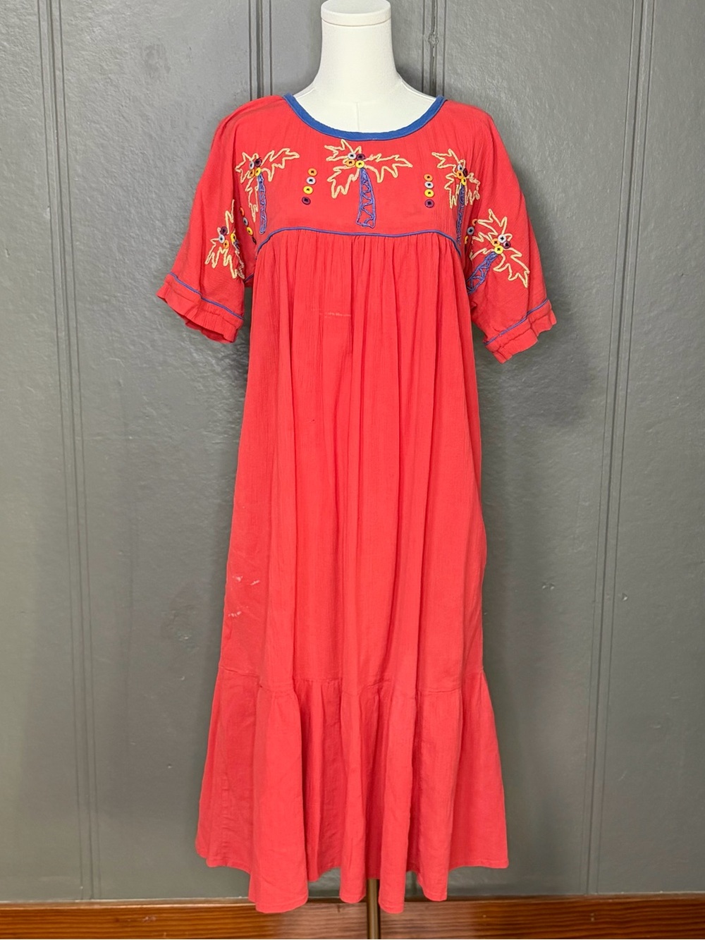 Vintage Cabernet Embroidered Palm Tree House Dress